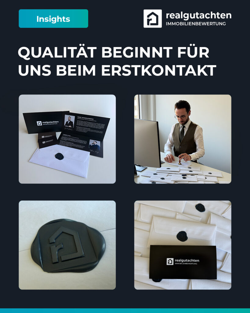 Vierteilige Grafik von realgutachten Immobilienbewertung, die hochwertige Briefe, Visitenkarten und das händische Versiegeln von Umschlägen mit einem Wachssiegel zeigt.